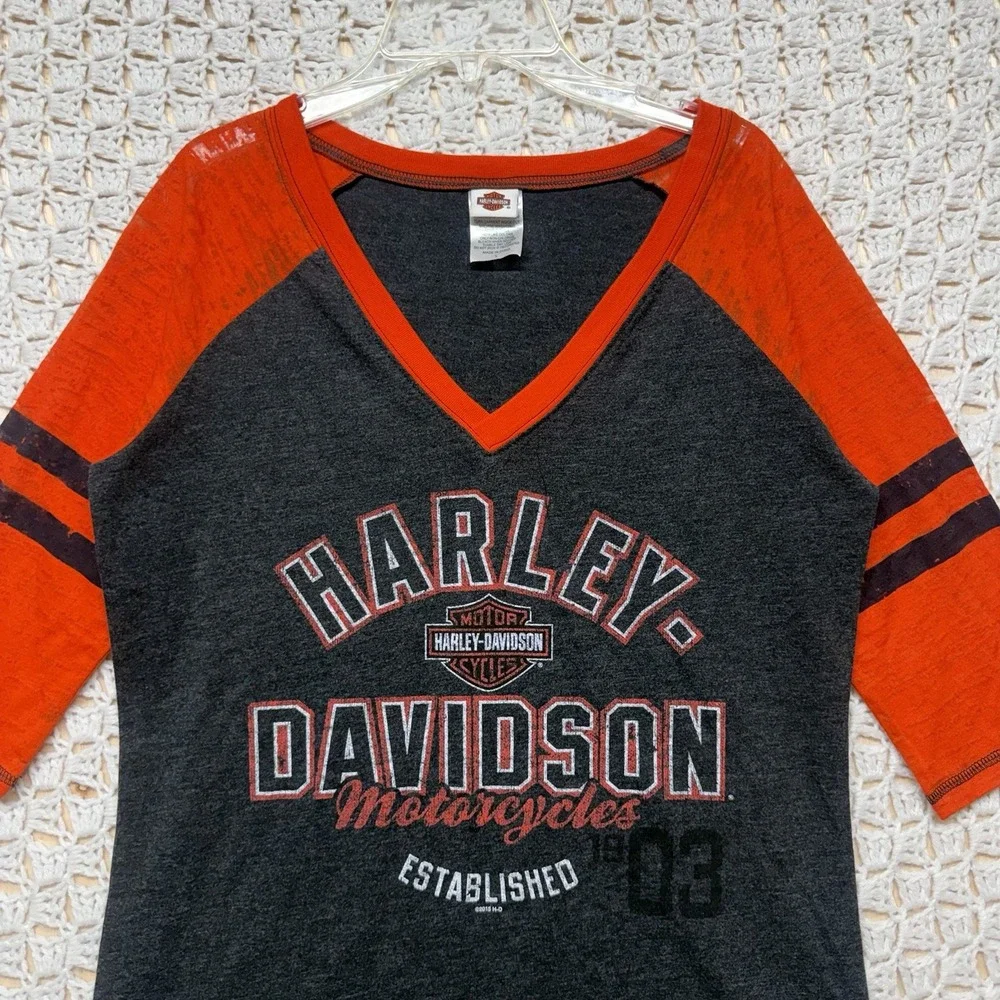Harley Davidson Top Shirt Women Size L Black orange Motorcycle 3/4 Sleeve V Neck - Picture 2 of 10